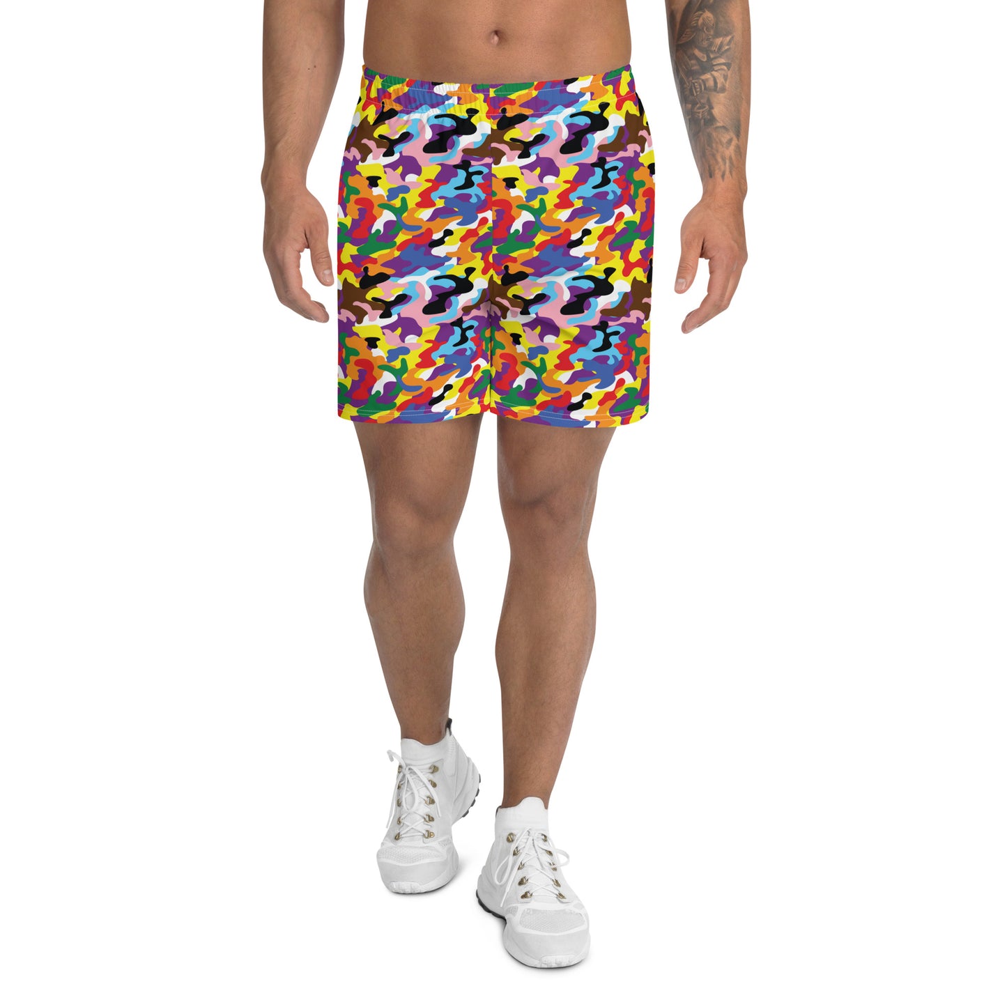 Progress Pride Men’s Recycled Athletic Shorts - LGBTQIA Red, Orange, Yellow, Green, Rainbow, Purple, Black, Pink and White Athletic Short Pants - Parade Club Vacation Running Swimming