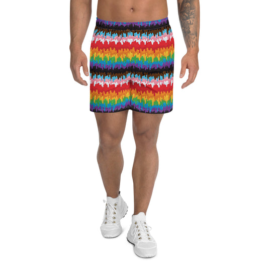 Progress Pride Men’s Recycled Athletic Shorts - LGBTQIA Red, Orange, Yellow, Green, Rainbow, Purple, Black, Pink and White Athletic Short Pants - Parade Club Vacation Running Swimming