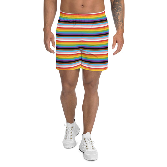 Progress Pride Men’s Recycled Athletic Shorts - LGBTQIA Red, Orange, Yellow, Green, Rainbow, Purple, Black, Pink and White Athletic Short Pants - Parade Club Vacation Running Swimming