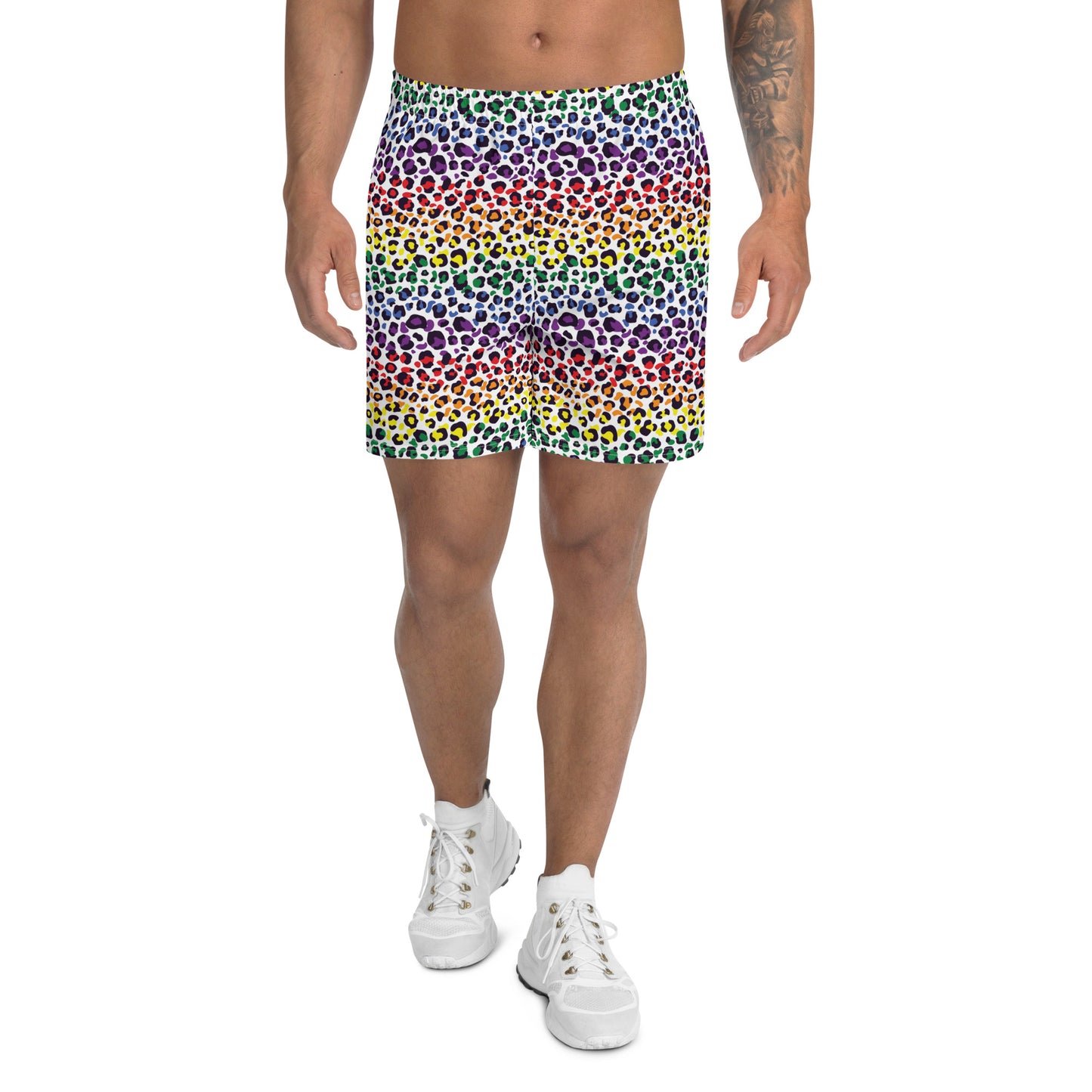 Rainbow Pride Men’s Recycled Athletic Shorts - LGBTQIA Red, Orange, Yellow, Green, Blue, Indigo, and Viole Athletic Short Pants - Parade Club Vacation Running Swimming