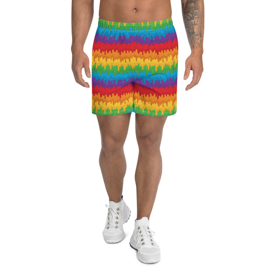 Rainbow Pride Men’s Recycled Athletic Shorts - LGBTQIA Red, Orange, Yellow, Green, Blue, Indigo, and Viole Athletic Short Pants - Parade Club Vacation Running Swimming