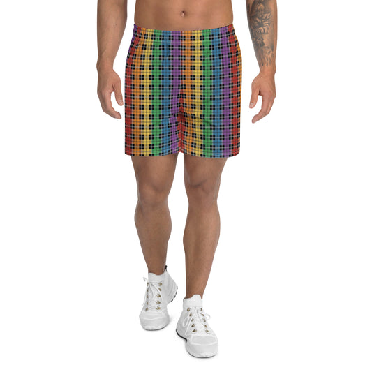 Rainbow Pride Men’s Recycled Athletic Shorts - LGBTQIA Red, Orange, Yellow, Green, Blue, Indigo, and Viole Athletic Short Pants - Parade Club Vacation Running Swimming