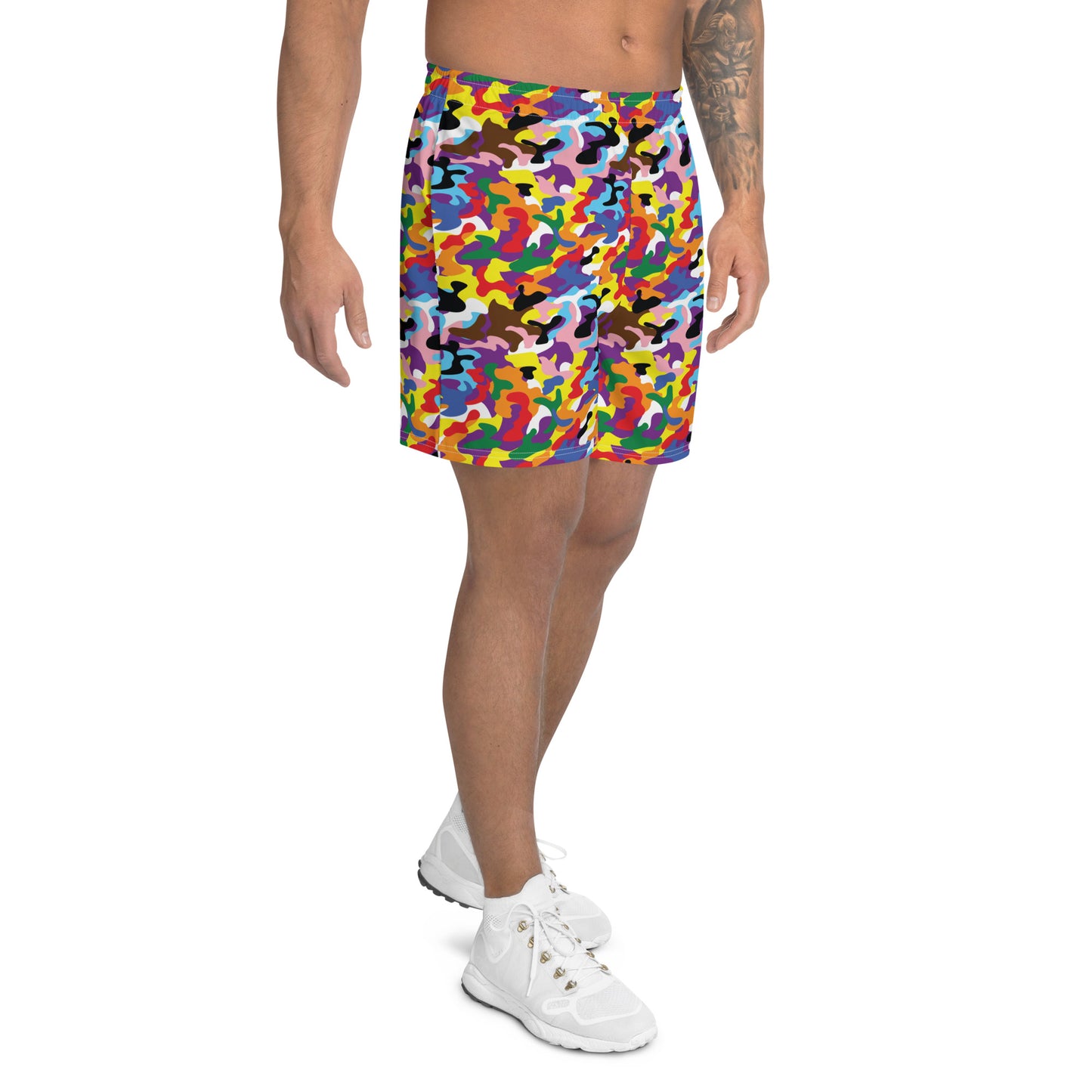 Progress Pride Men’s Recycled Athletic Shorts - LGBTQIA Red, Orange, Yellow, Green, Rainbow, Purple, Black, Pink and White Athletic Short Pants - Parade Club Vacation Running Swimming