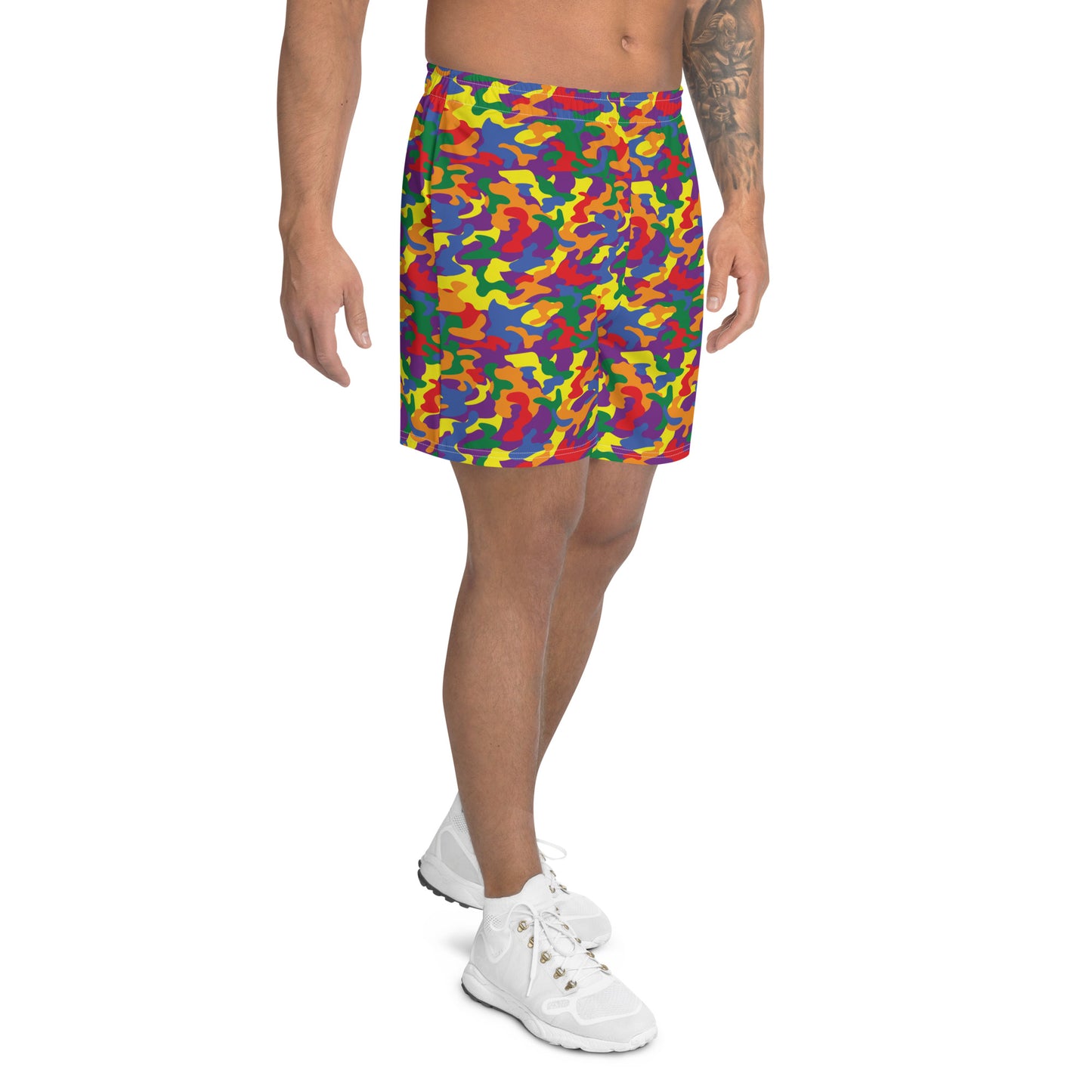 Rainbow Pride Men’s Recycled Athletic Shorts - LGBTQIA Red, Orange, Yellow, Green, Blue, Indigo, and Viole Athletic Short Pants - Parade Club Vacation Running Swimming