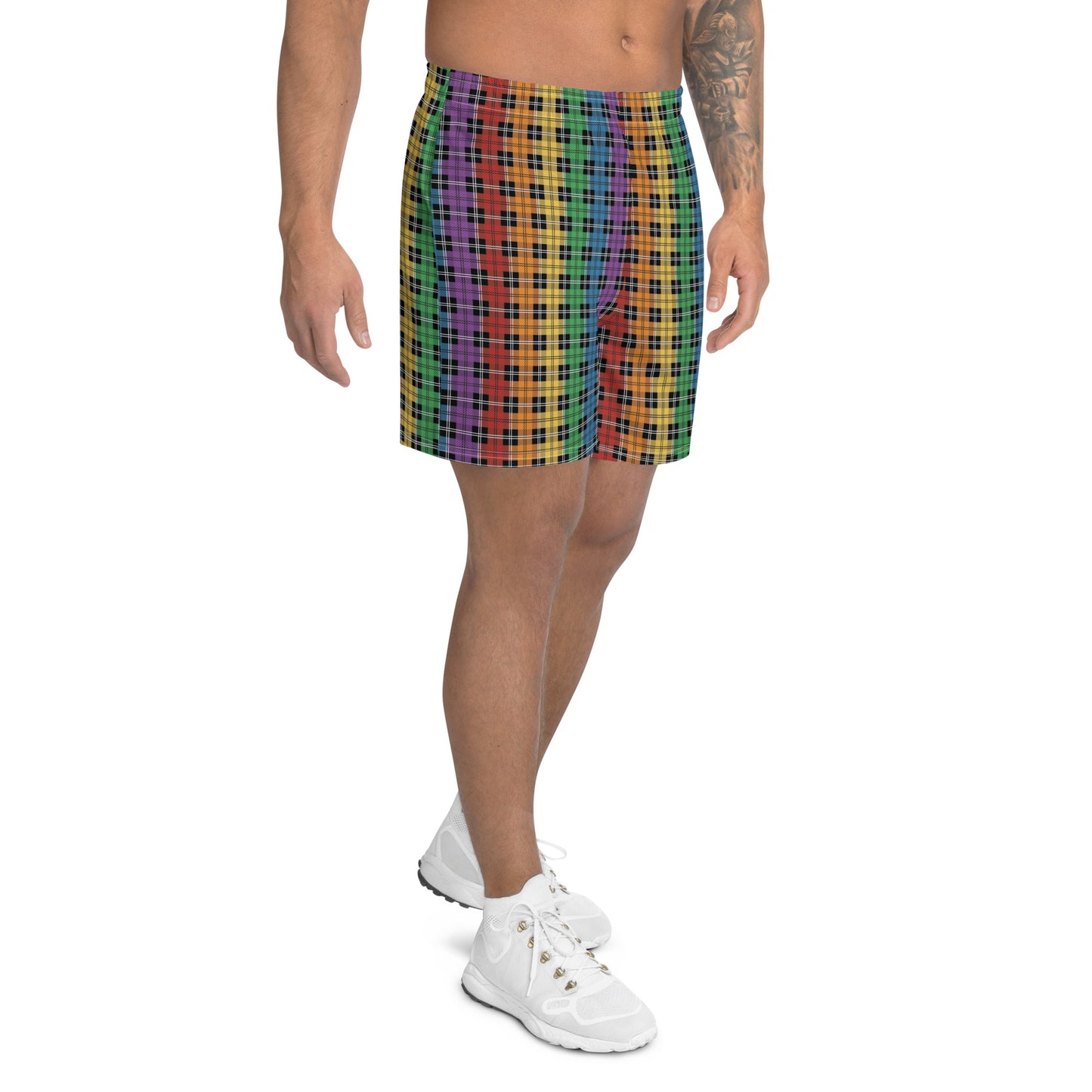 Rainbow Pride Men’s Recycled Athletic Shorts - LGBTQIA Red, Orange, Yellow, Green, Blue, Indigo, and Viole Athletic Short Pants - Parade Club Vacation Running Swimming