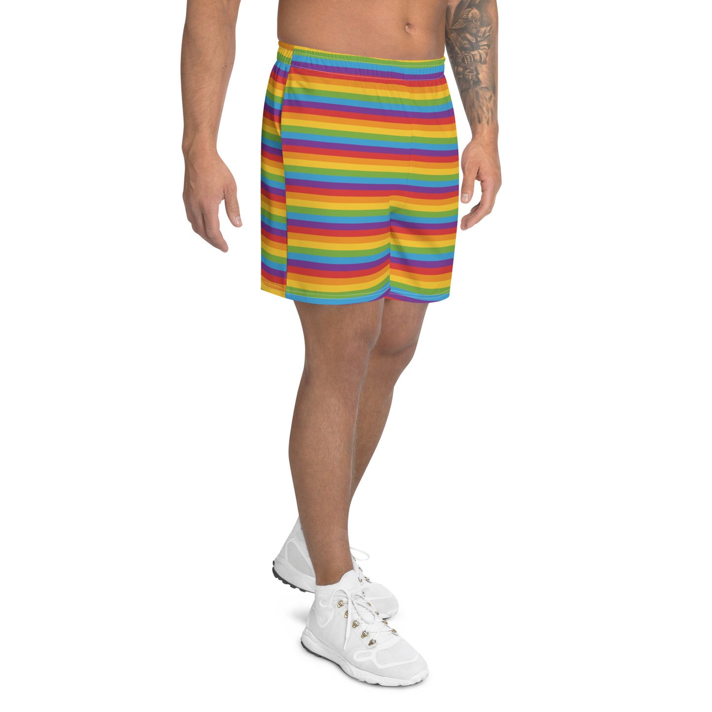 Rainbow Pride Men’s Recycled Athletic Shorts - LGBTQIA Red, Orange, Yellow, Green, Blue, Indigo, and Viole Athletic Short Pants - Parade Club Vacation Running Swimming