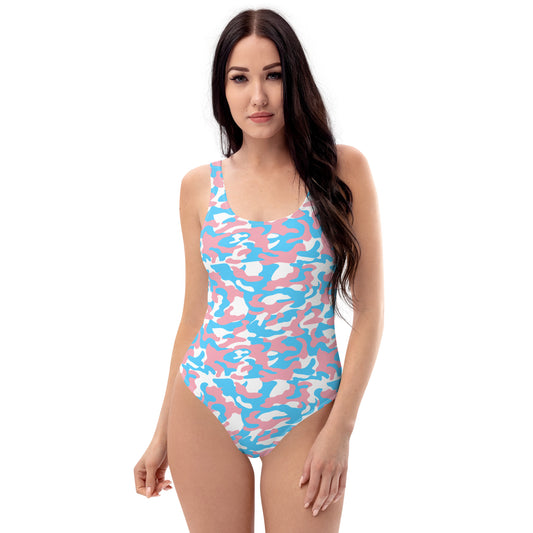 Transgender Pride Camo Print One Piece Swimsuit - LGBT LGBTQ Pink White Blue Trans Flag - Swimwear