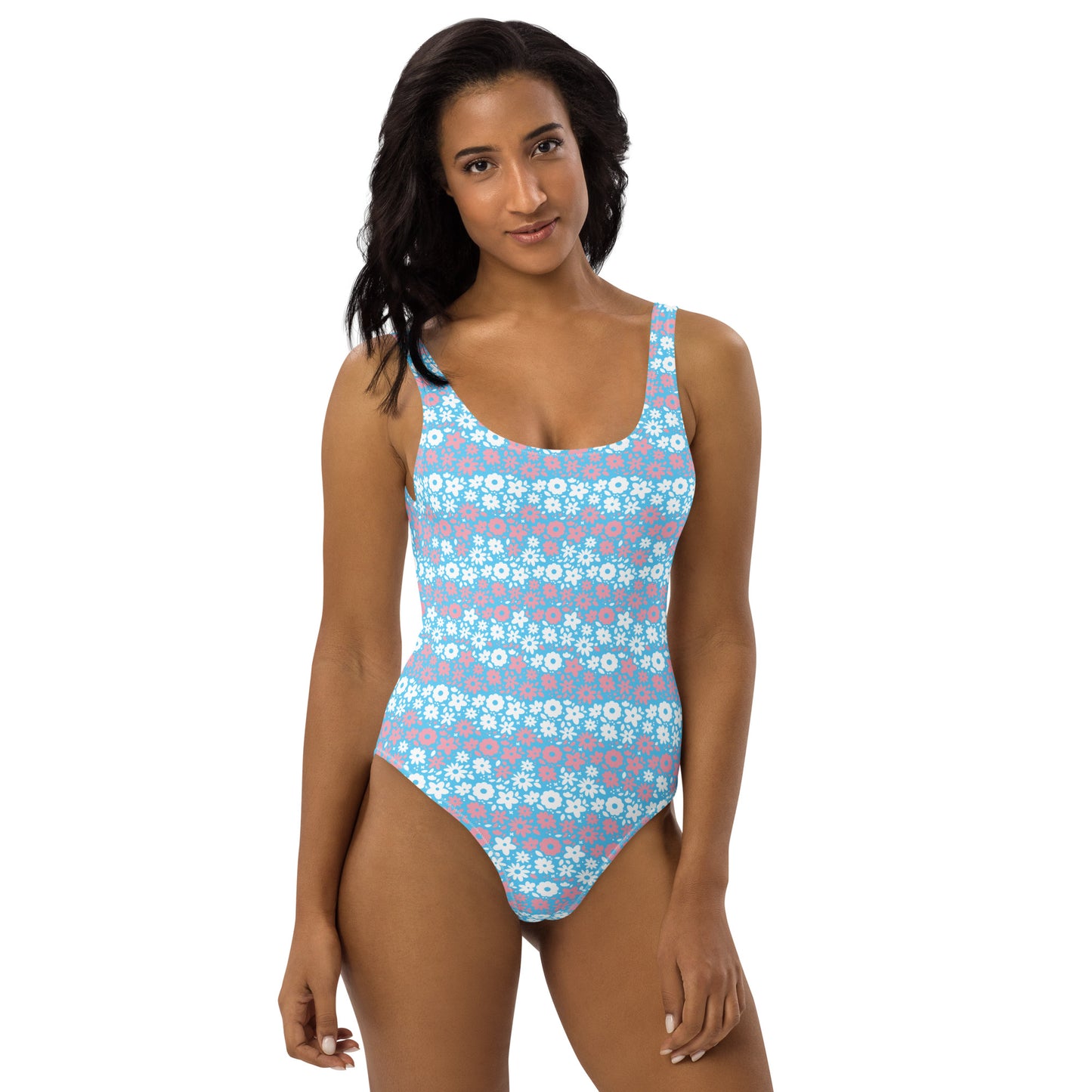 Transgender Pride Floral Print One Piece Swimsuit - LGBT LGBTQ Pink White Blue Trans Flag Flowers - Swimwear