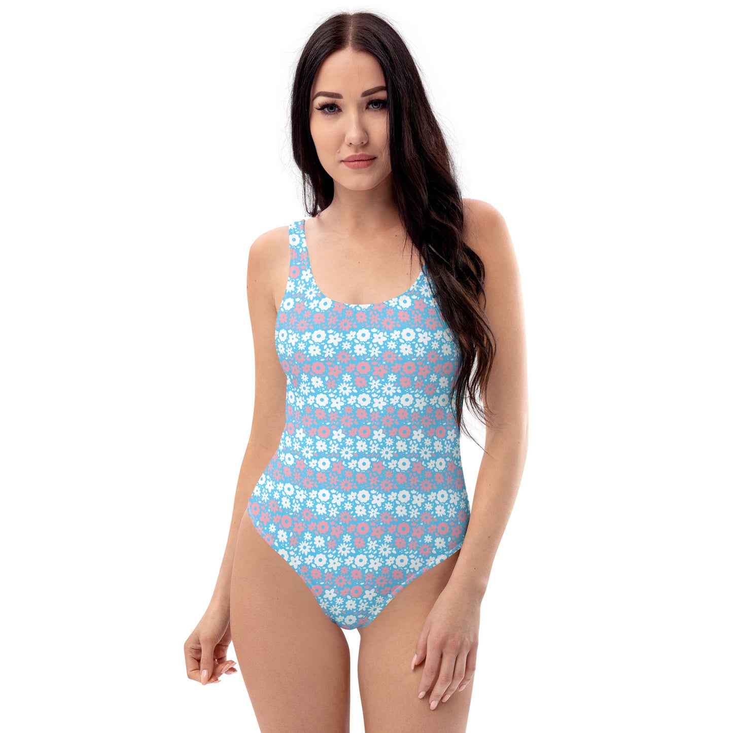 Transgender Pride Floral Print One Piece Swimsuit - LGBT LGBTQ Pink White Blue Trans Flag Flowers - Swimwear