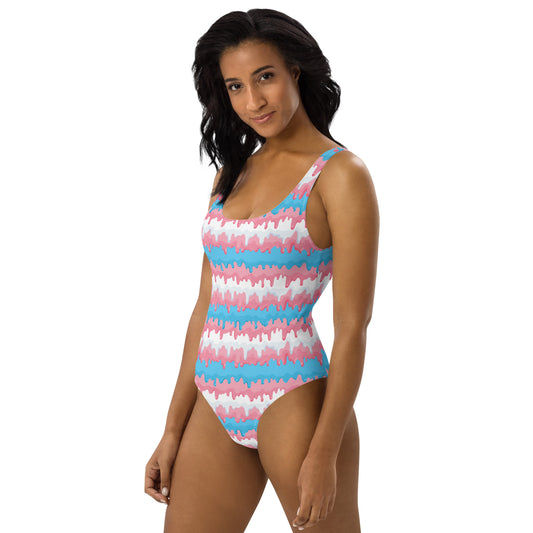 Transgender Pride Paint Drip One Piece Swimsuit - LGBT LGBTQ Pink White Blue Trans Flag - Swimwear