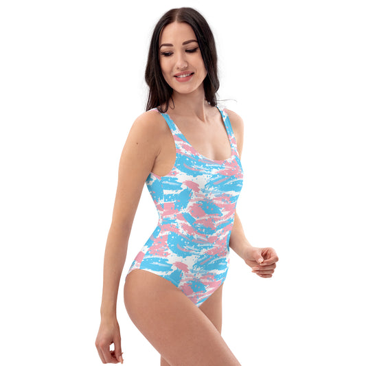 Transgender Pride Paint Splatter Spatter One Piece Swimsuit - LGBT LGBTQ Pink White Blue Trans Flag - Swimwear