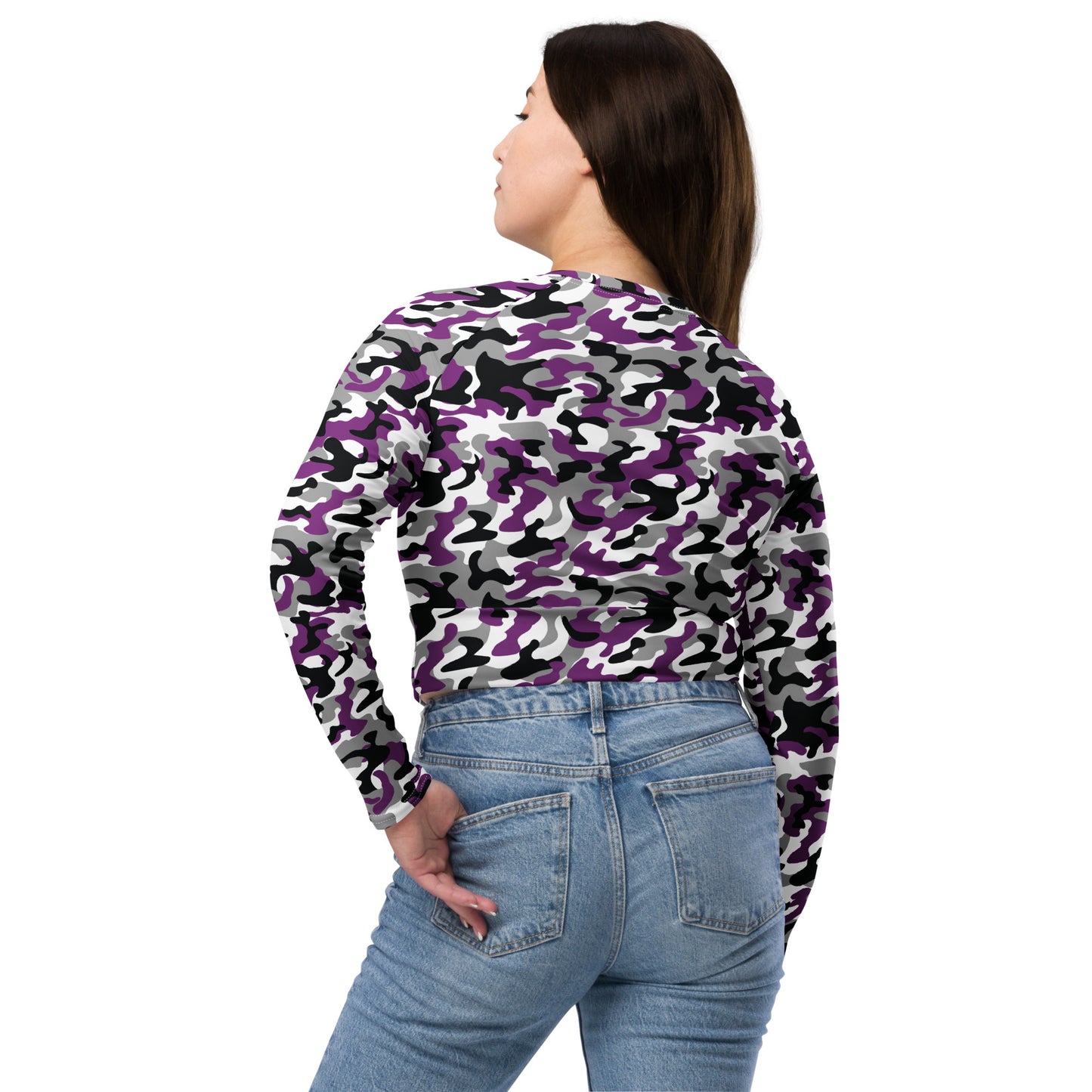 Asexual Pride Recycled Long Sleeve Crop Top - LGBTQIA Black, Gray, Purple, and White Flag Cropped Shirt - Parade Club Swimming