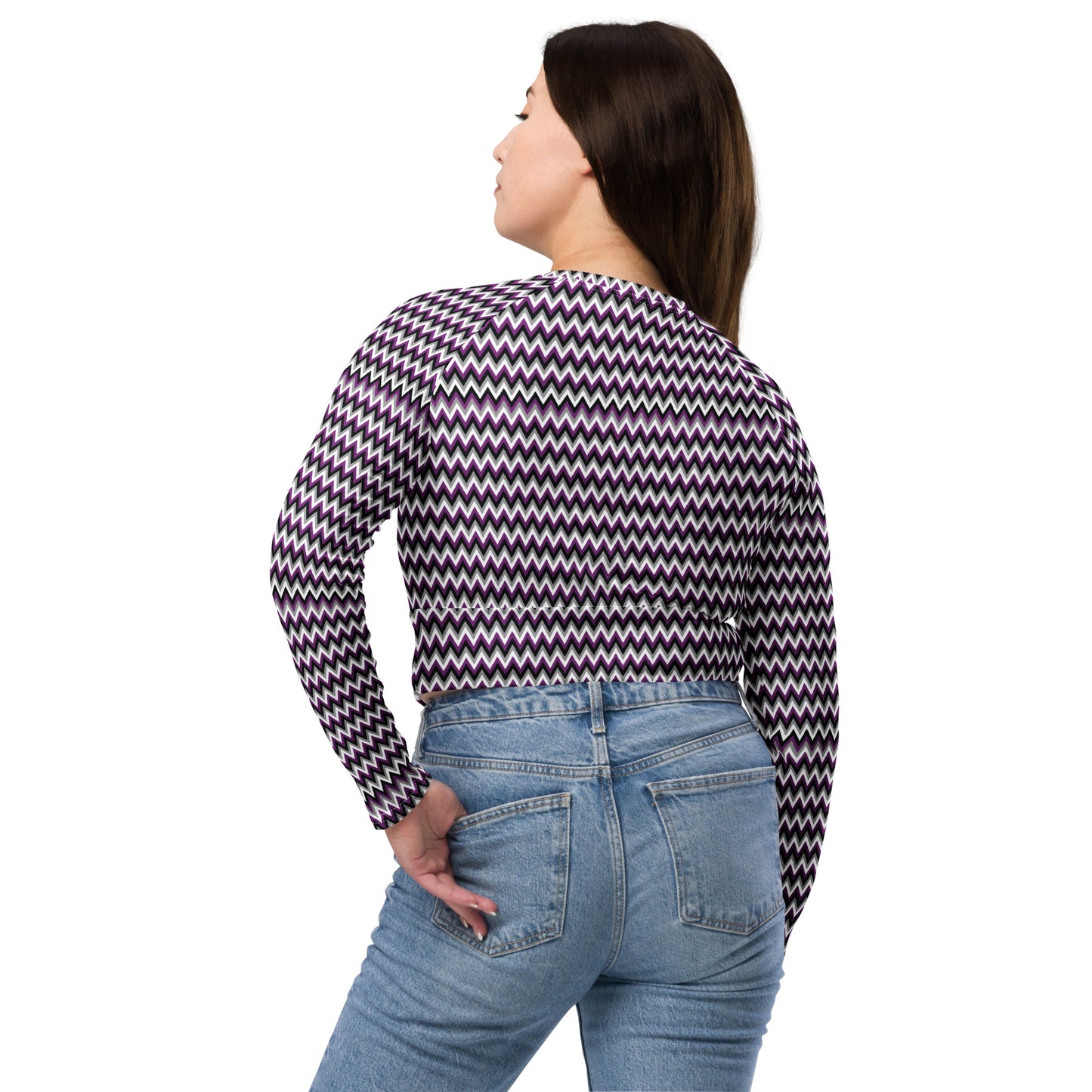 Asexual Pride Recycled Long Sleeve Crop Top - LGBTQIA Black, Gray, Purple, and White Flag Cropped Shirt - Parade Club Swimming