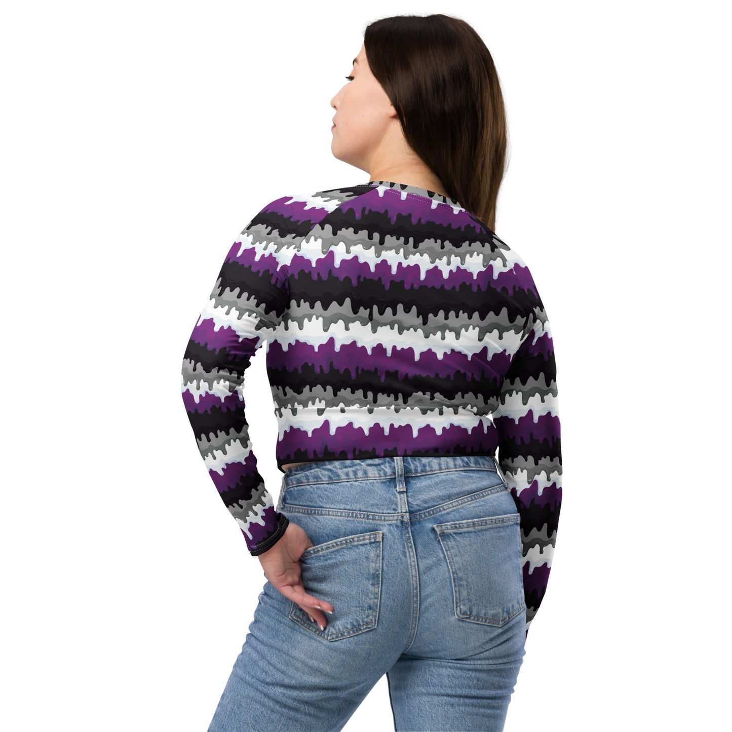 Asexual Pride Recycled Long Sleeve Crop Top - LGBTQIA Black, Gray, Purple, and White Flag Cropped Shirt - Parade Club Swimming