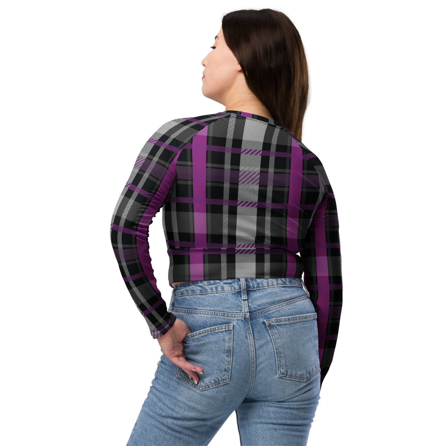 Asexual Pride Recycled Long Sleeve Crop Top - LGBTQIA Black, Gray, Purple, and White Flag Cropped Shirt - Parade Club Swimming