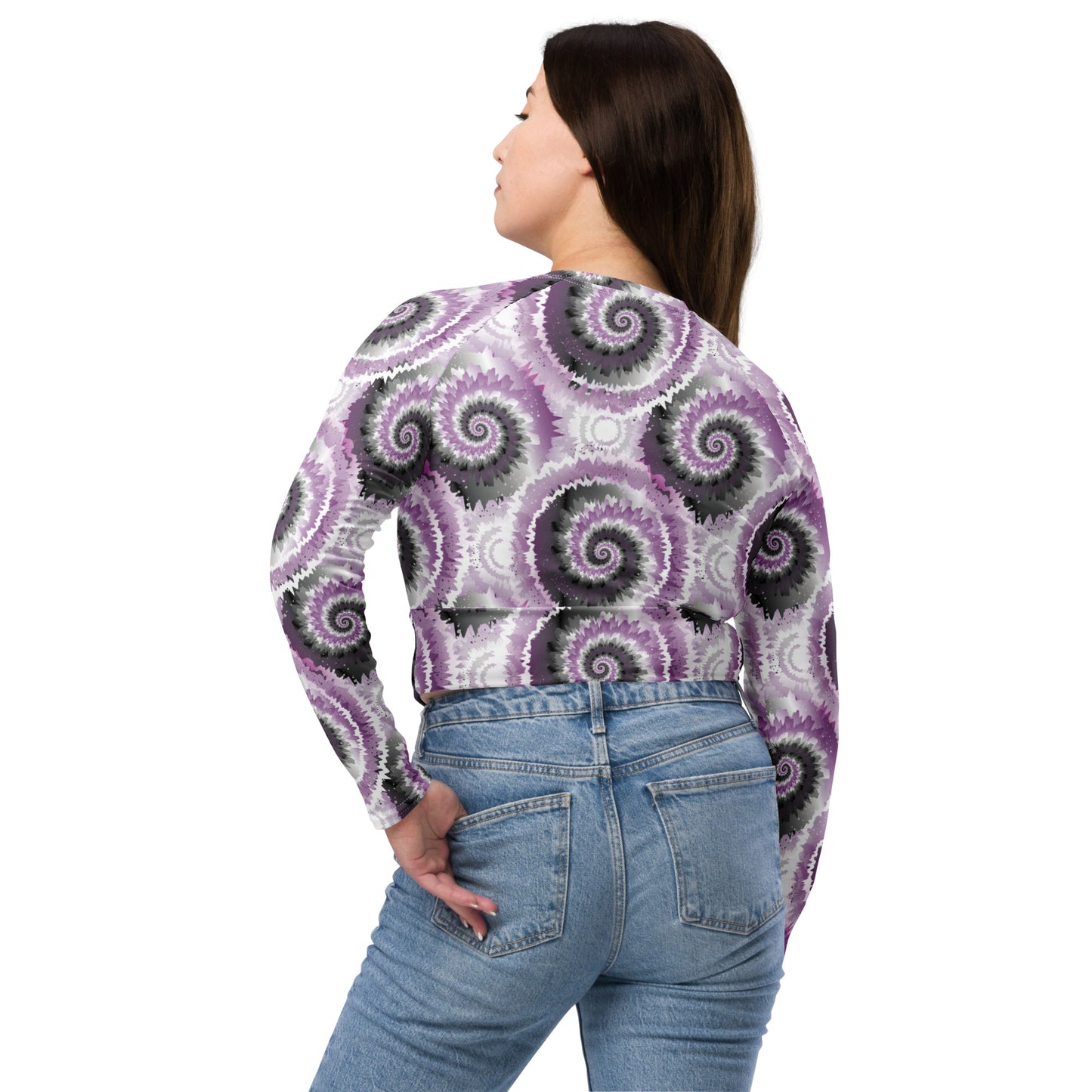 Asexual Pride Recycled Long Sleeve Crop Top - LGBTQIA Black, Gray, Purple, and White Flag Cropped Shirt - Parade Club Swimming