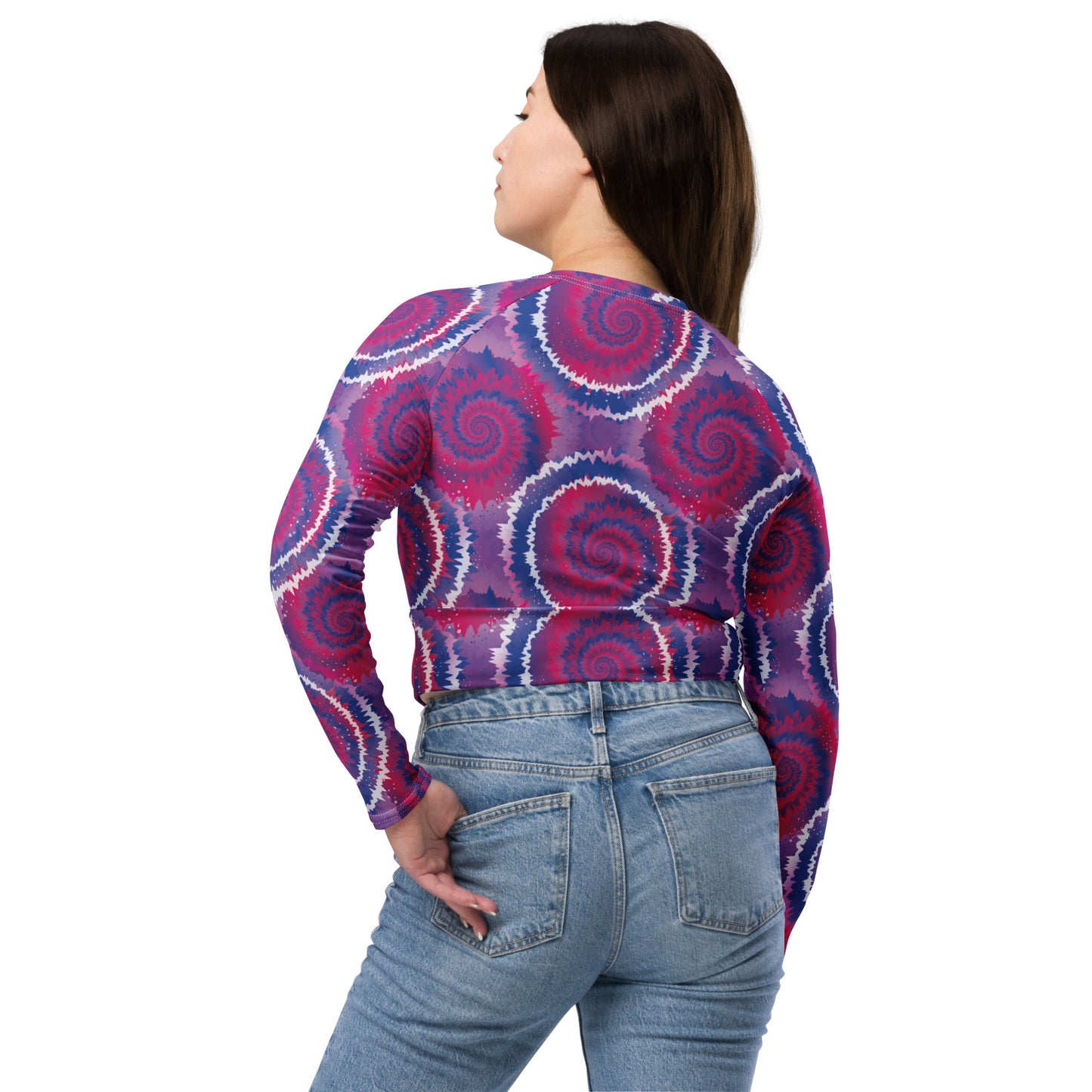 Bisexual Pride Recycled Long Sleeve Crop Top - LGBTQIA Pink, Purple, Blue Flag Cropped Shirt - Parade Club Swimming