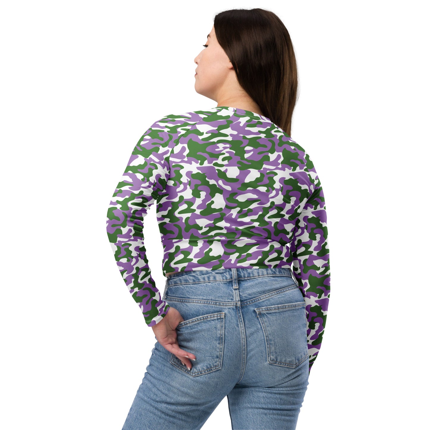 Gender Queer Pride Recycled Long Sleeve Crop Top - LGBTQIA Purple, White, Green Flag Cropped Shirt - Parade Club Swimming