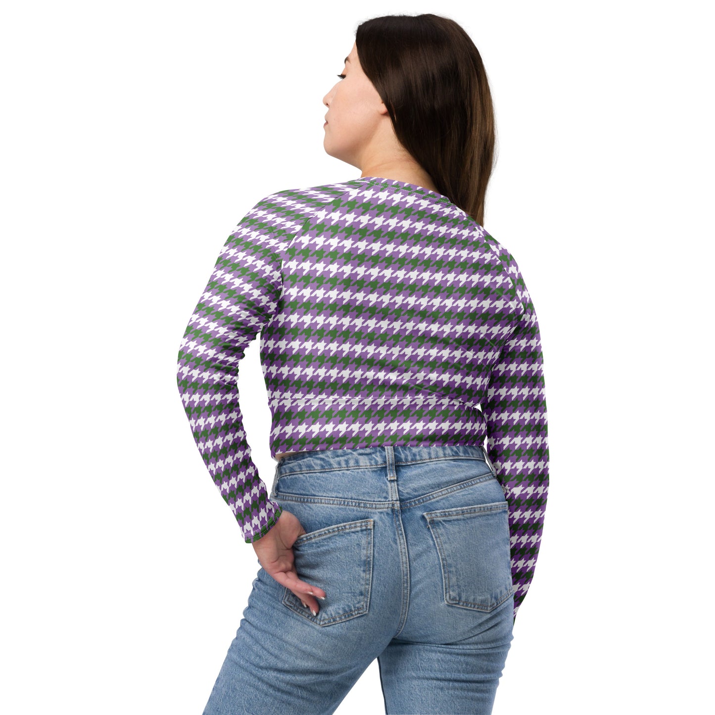 Gender Queer Pride Recycled Long Sleeve Crop Top - LGBTQIA Purple, White, Green Flag Cropped Shirt - Parade Club Swimming