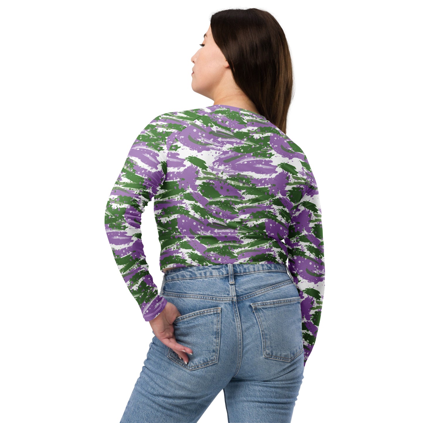 Gender Queer Pride Recycled Long Sleeve Crop Top - LGBTQIA Purple, White, Green Flag Cropped Shirt - Parade Club Swimming