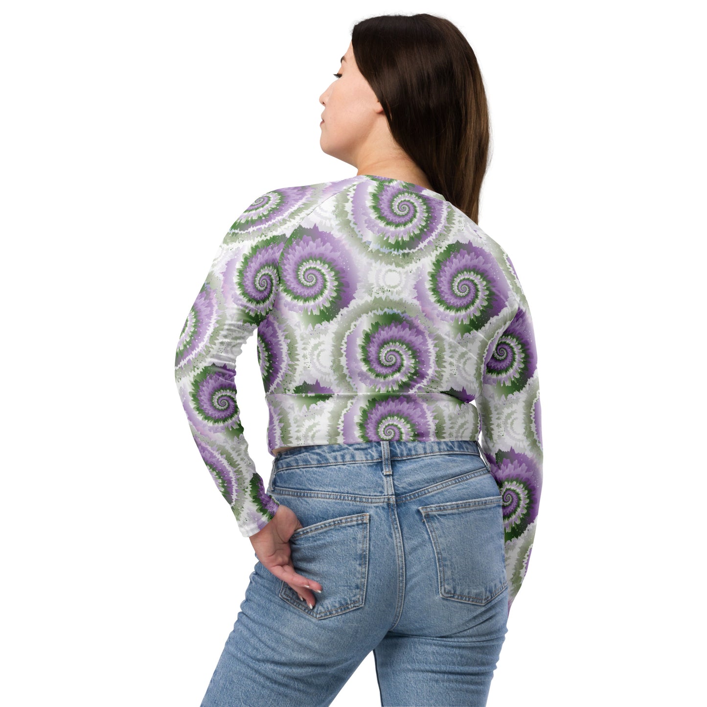 Gender Queer Pride Recycled Long Sleeve Crop Top - LGBTQIA Purple, White, Green Flag Cropped Shirt - Parade Club Swimming