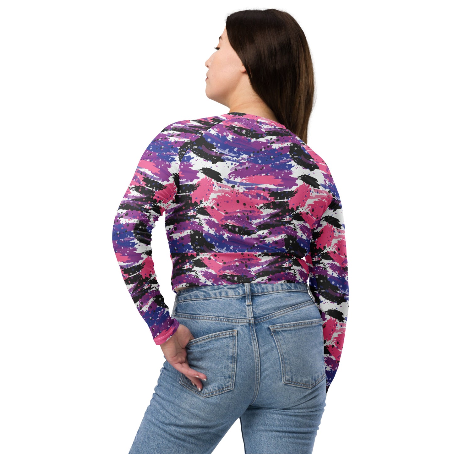 Genderfluid Pride Recycled Long Sleeve Crop Top - LGBTQIA Pink, White, Purple, Black, Blue Flag Cropped Shirt - Parade Club Swimming