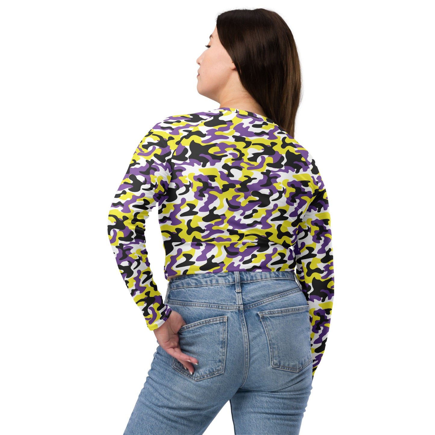 Non Binary Pride Recycled Long Sleeve Crop Top - LGBTQIA Yellow, Purple, White, Black Flag Cropped Shirt - Parade Club Swimming