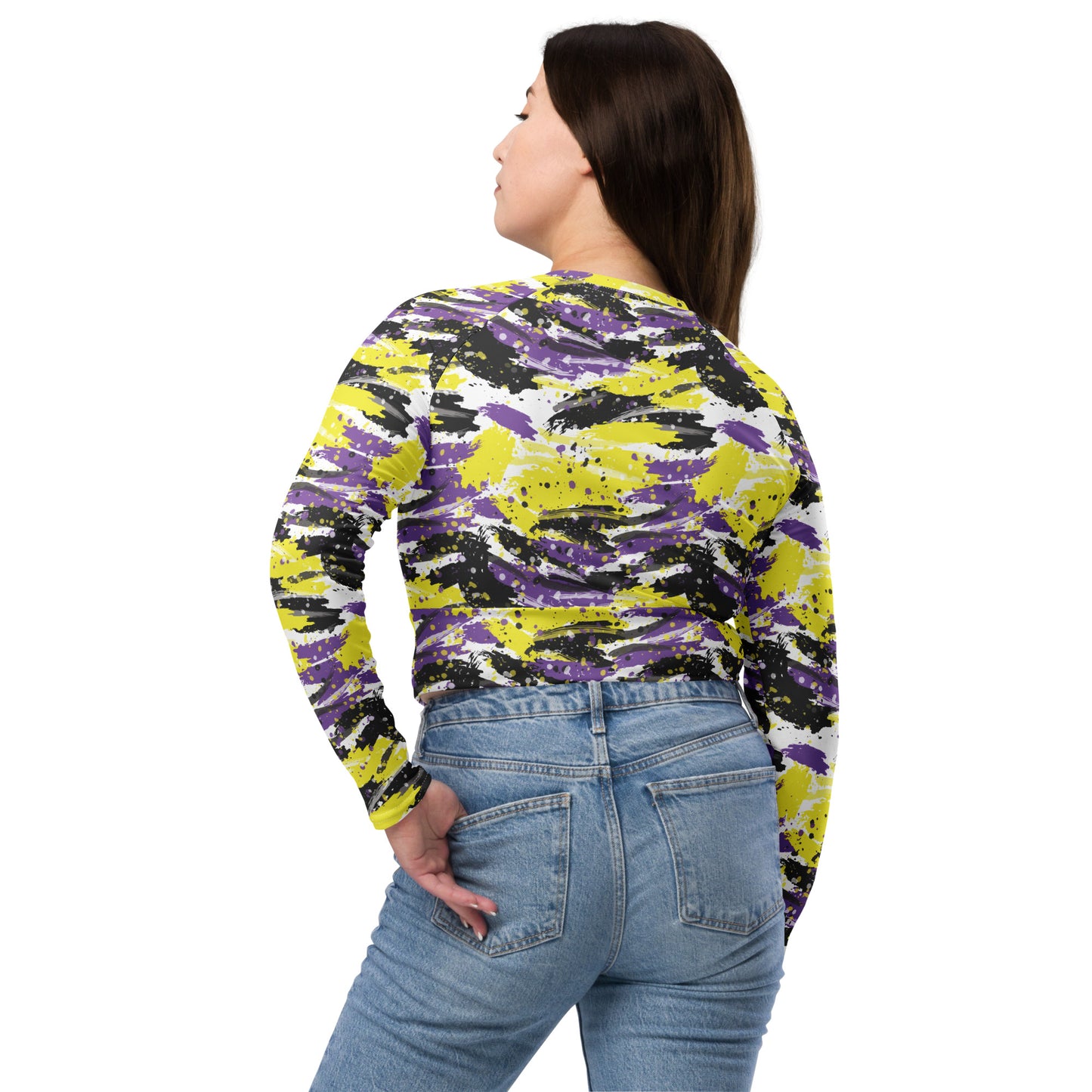 Non Binary Pride Recycled Long Sleeve Crop Top - LGBTQIA Yellow, Purple, White, Black Flag Cropped Shirt - Parade Club Swimming