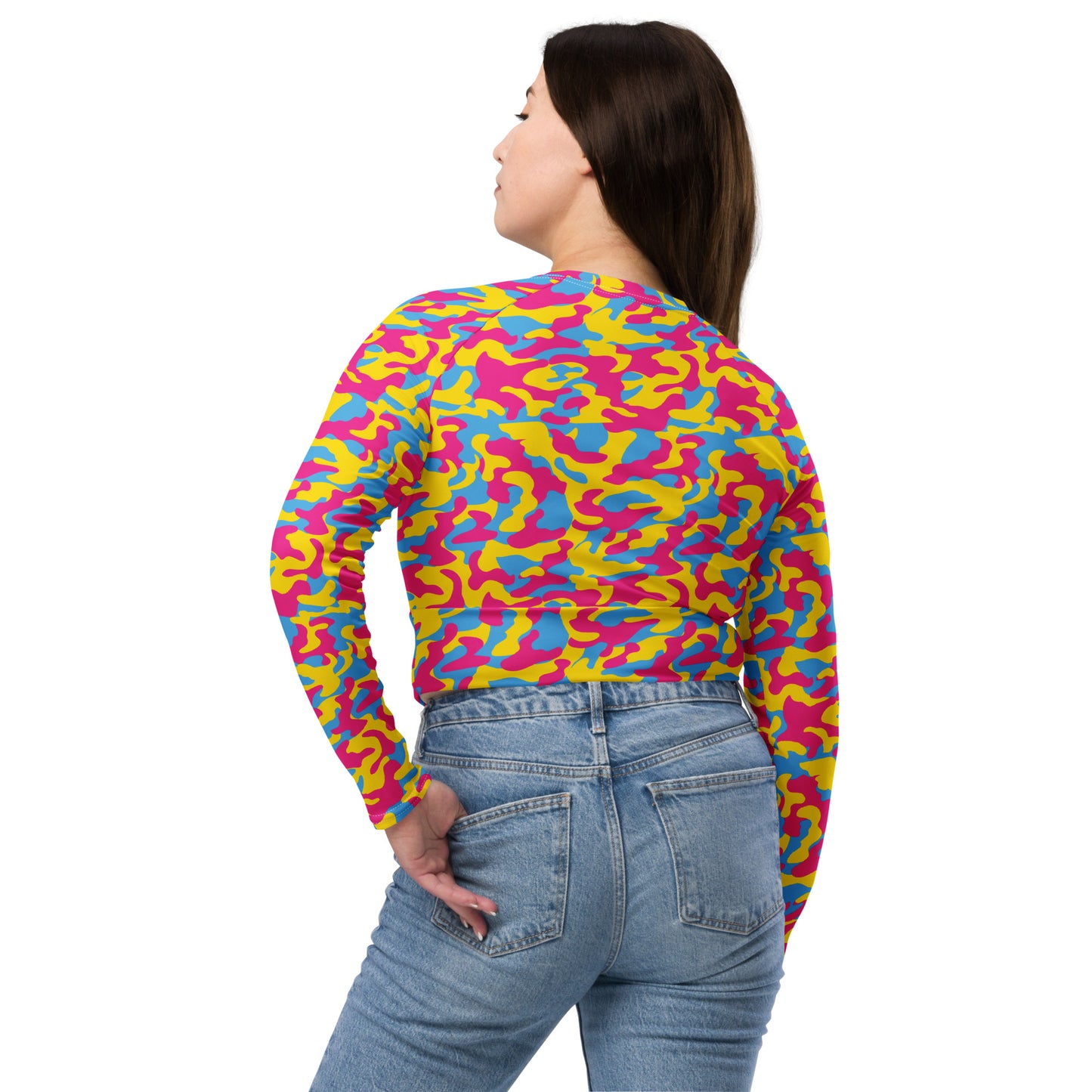 Pansexual Pride Recycled Long Sleeve Crop Top - LGBTQIA Pink, Blue, Yellow  Flag Cropped Shirt - Parade Club Swimming