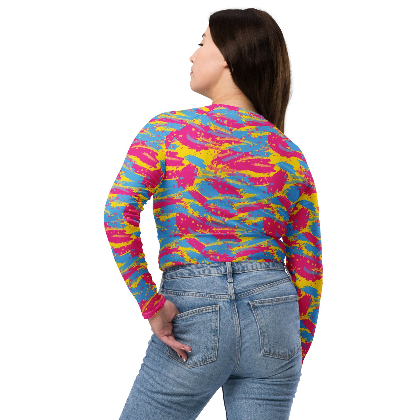 Pansexual Pride Recycled Long Sleeve Crop Top - LGBTQIA Pink, Blue, Yellow  Flag Cropped Shirt - Parade Club Swimming