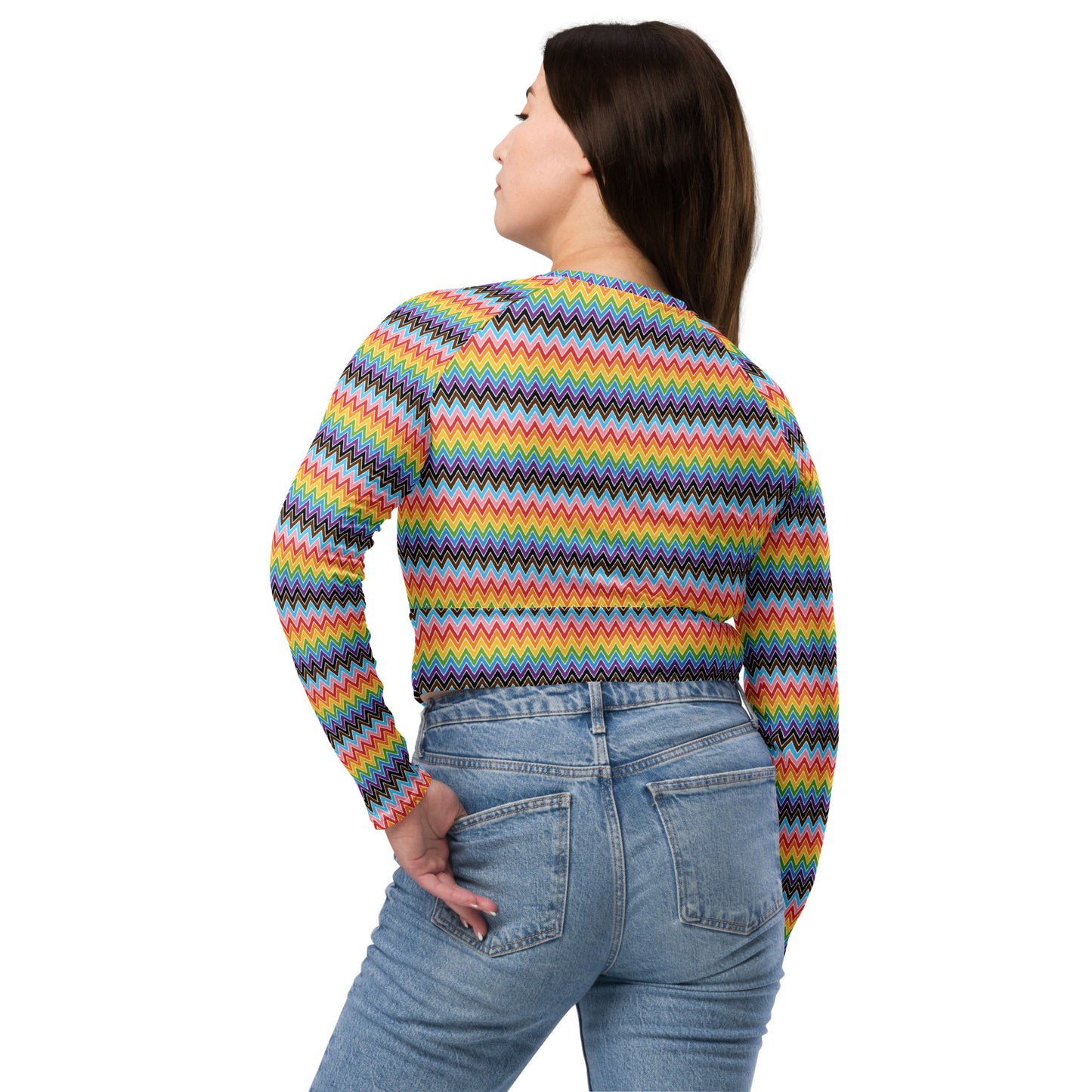 Progress Pride Pride Recycled Long Sleeve Crop Top - LGBTQIA Red, Orange, Yellow, Green, Rainbow, Purple, Black, Pink and White Flag Cropped Shirt - Parade Club Swimming