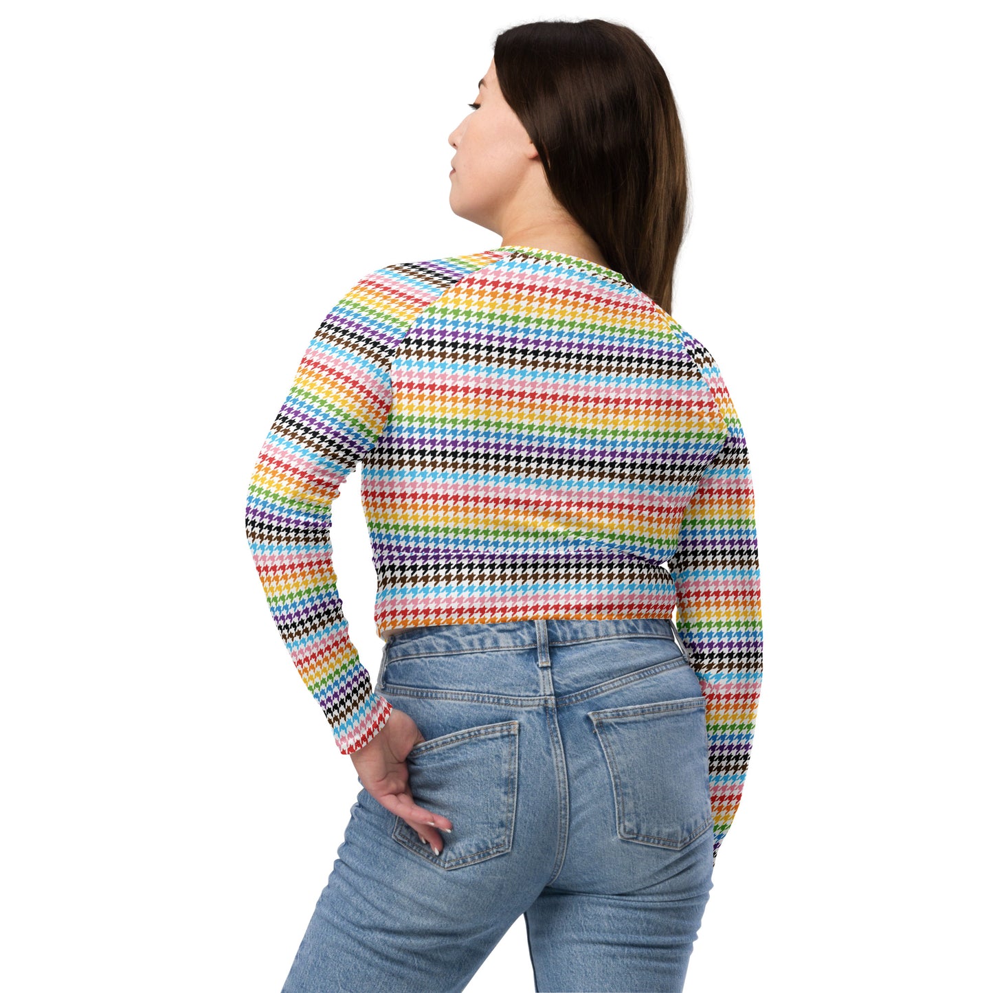 Progress Pride Pride Recycled Long Sleeve Crop Top - LGBTQIA Red, Orange, Yellow, Green, Rainbow, Purple, Black, Pink and White Flag Cropped Shirt - Parade Club Swimming