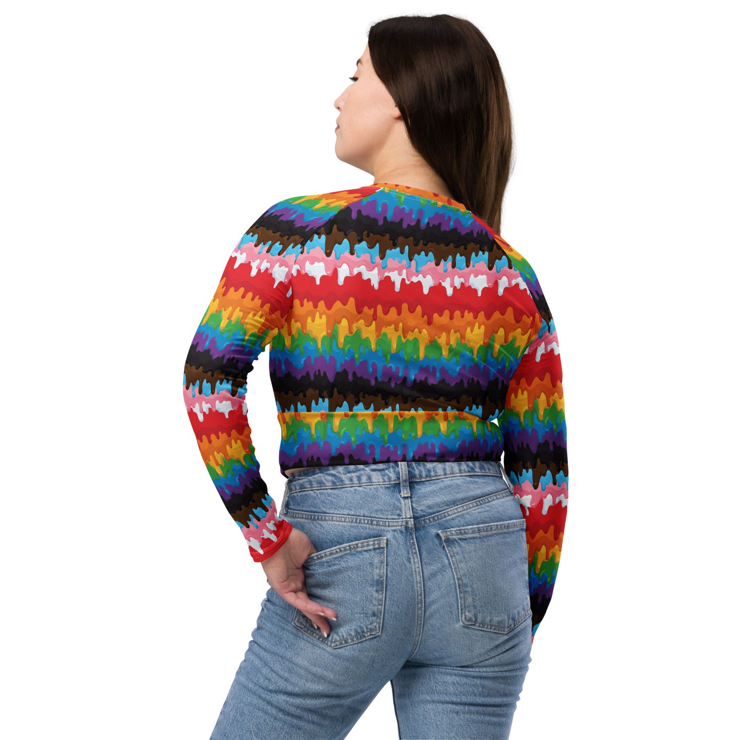 Progress Pride Pride Recycled Long Sleeve Crop Top - LGBTQIA Red, Orange, Yellow, Green, Rainbow, Purple, Black, Pink and White Flag Cropped Shirt - Parade Club Swimming