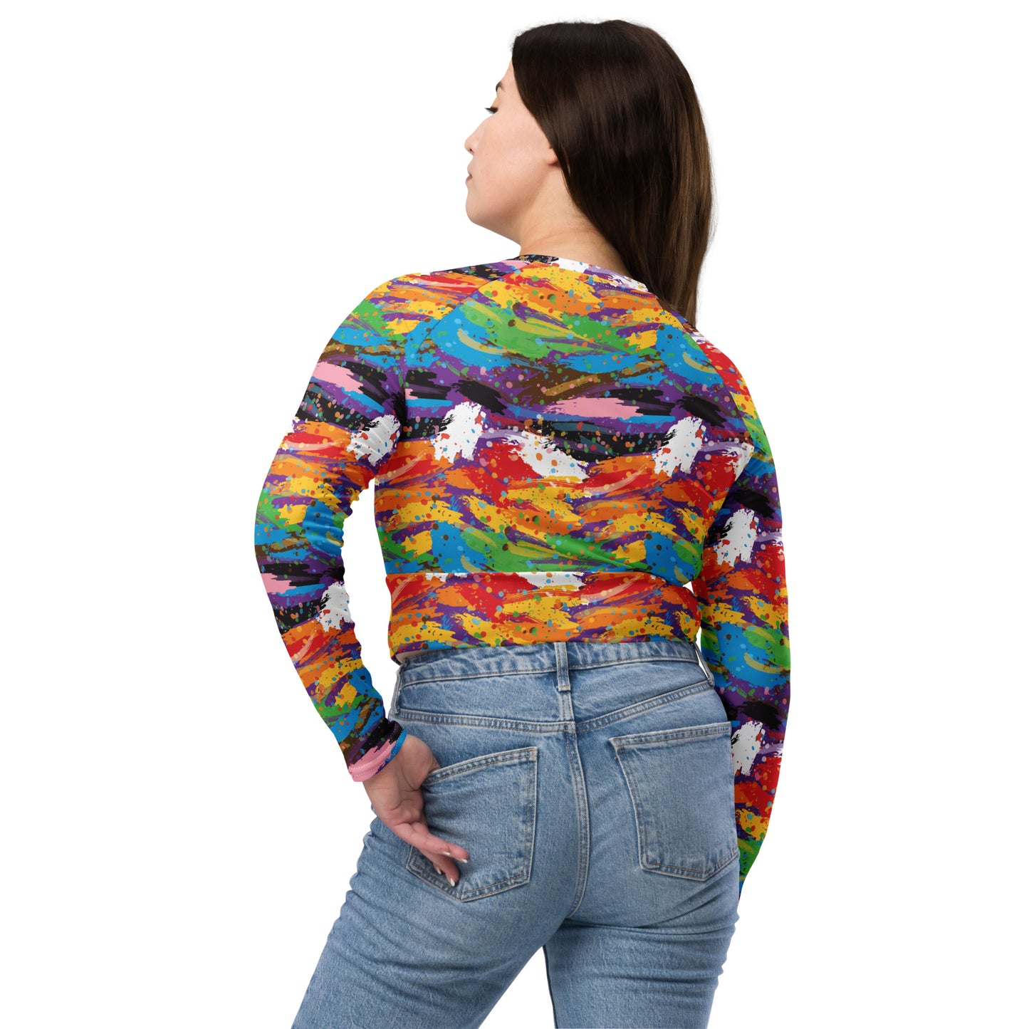 Progress Pride Pride Recycled Long Sleeve Crop Top - LGBTQIA Red, Orange, Yellow, Green, Rainbow, Purple, Black, Pink and White Flag Cropped Shirt - Parade Club Swimming