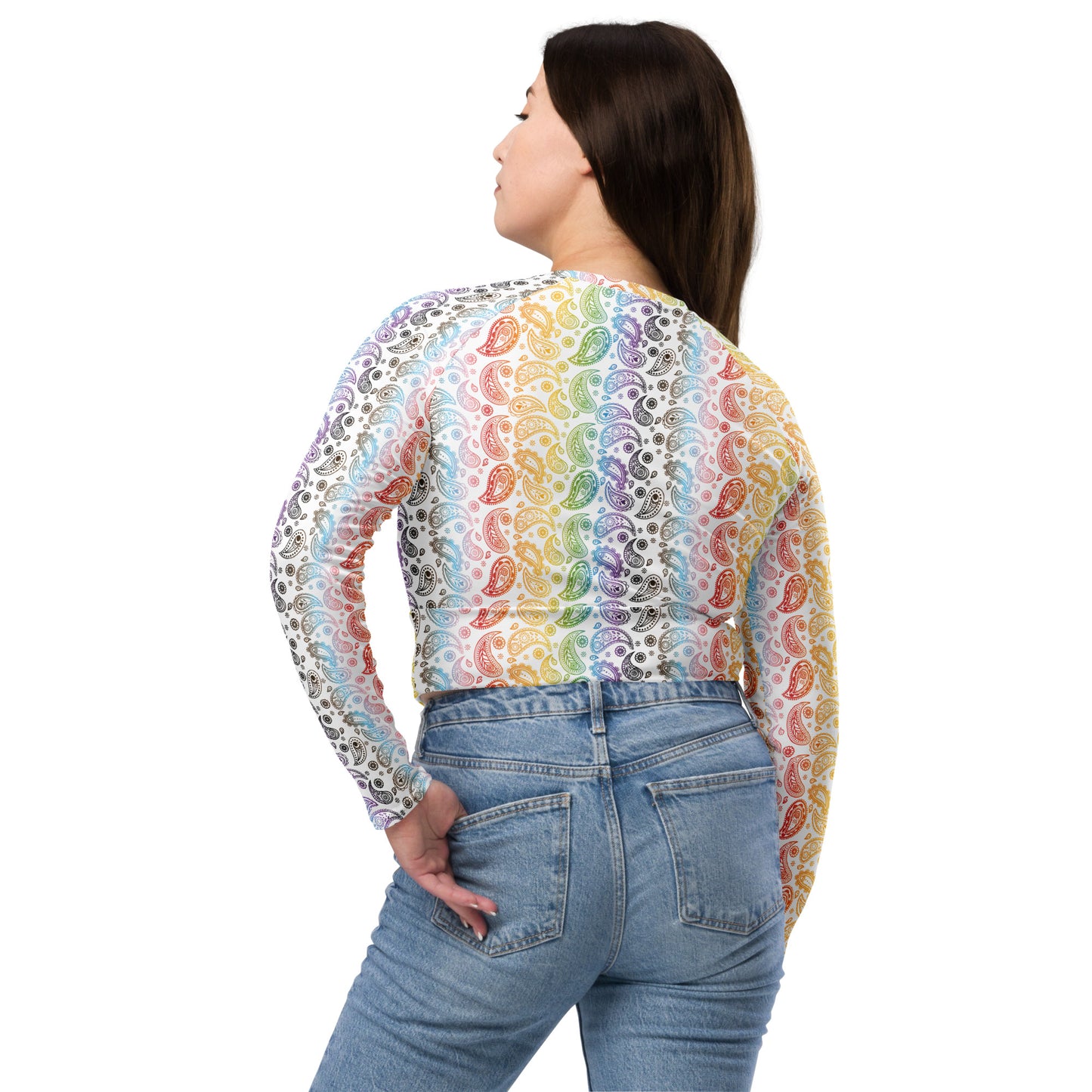 Progress Pride Pride Recycled Long Sleeve Crop Top - LGBTQIA Red, Orange, Yellow, Green, Rainbow, Purple, Black, Pink and White Flag Cropped Shirt - Parade Club Swimming