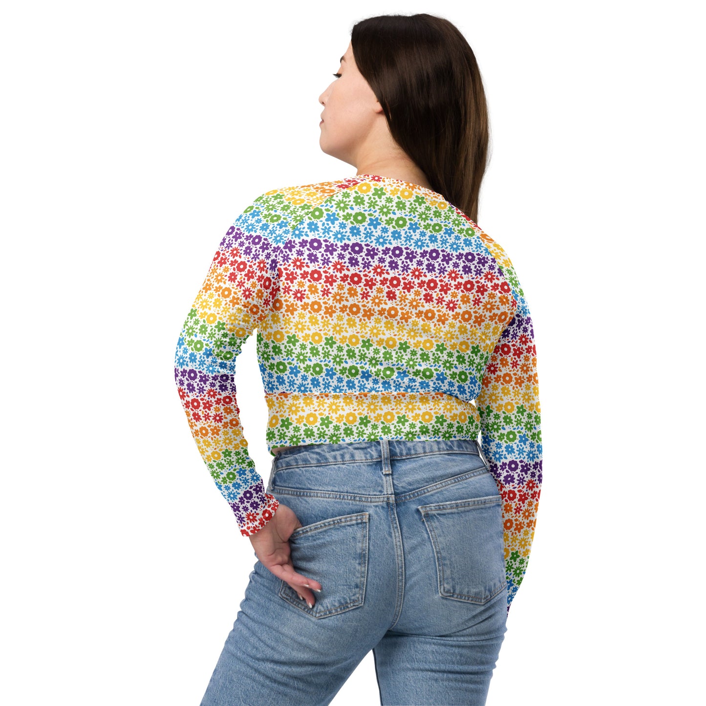 Rainbow Pride Recycled Long Sleeve Crop Top - LGBTQIA Red, Orange, Yellow, Green, Blue, Indigo, and Viole Flag Cropped Shirt - Parade Club Swimming