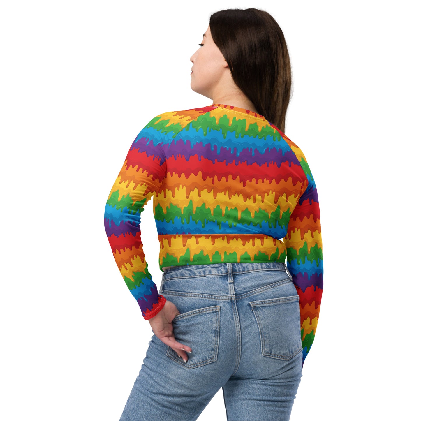 Rainbow Pride Recycled Long Sleeve Crop Top - LGBTQIA Red, Orange, Yellow, Green, Blue, Indigo, and Viole Flag Cropped Shirt - Parade Club Swimming