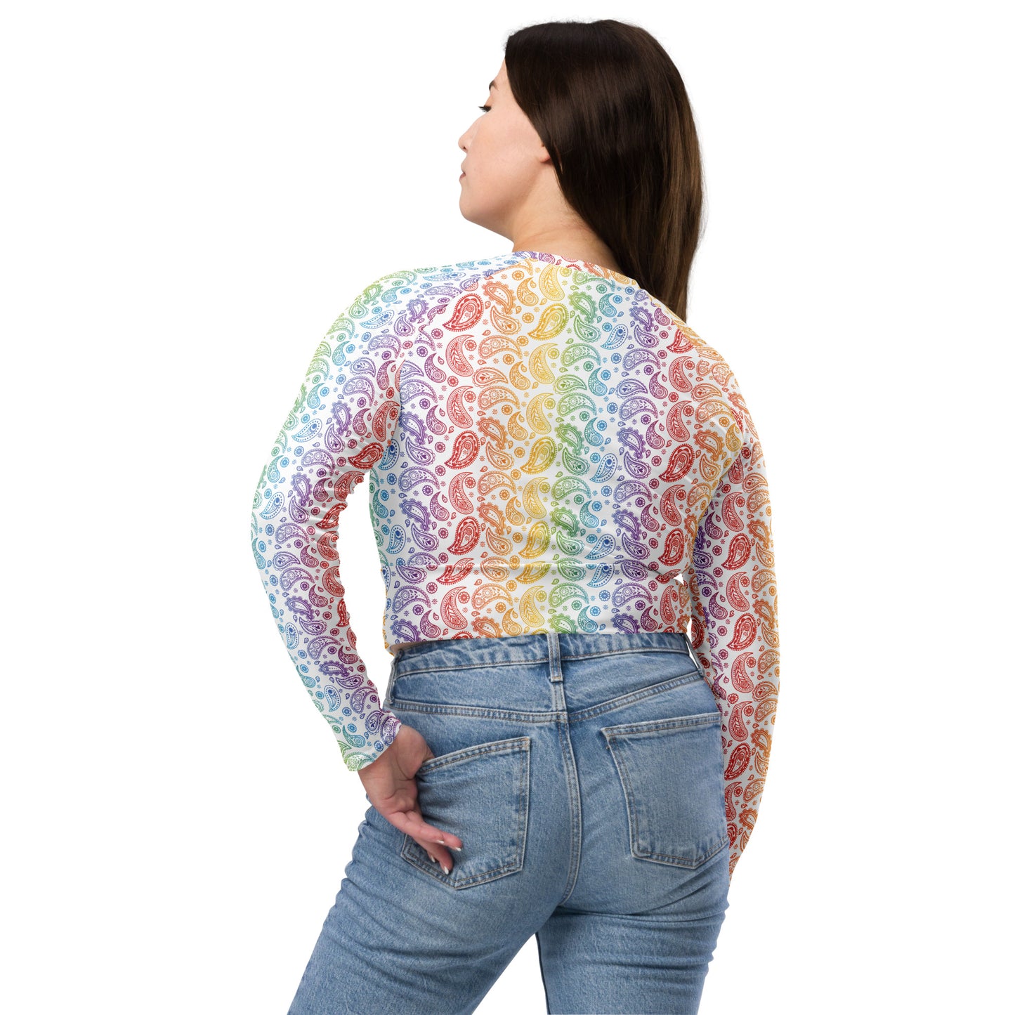 Rainbow Pride Recycled Long Sleeve Crop Top - LGBTQIA Red, Orange, Yellow, Green, Blue, Indigo, and Viole Flag Cropped Shirt - Parade Club Swimming