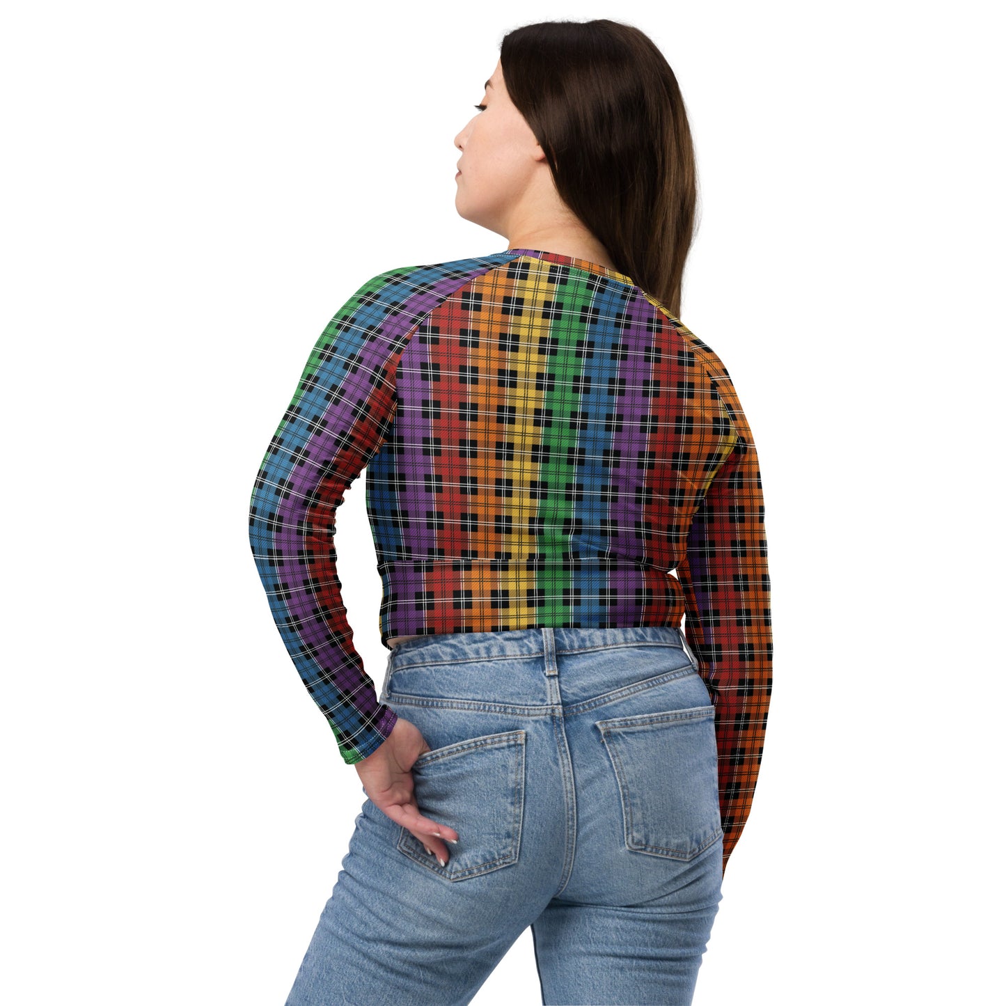 Rainbow Pride Recycled Long Sleeve Crop Top - LGBTQIA Red, Orange, Yellow, Green, Blue, Indigo, and Viole Flag Cropped Shirt - Parade Club Swimming