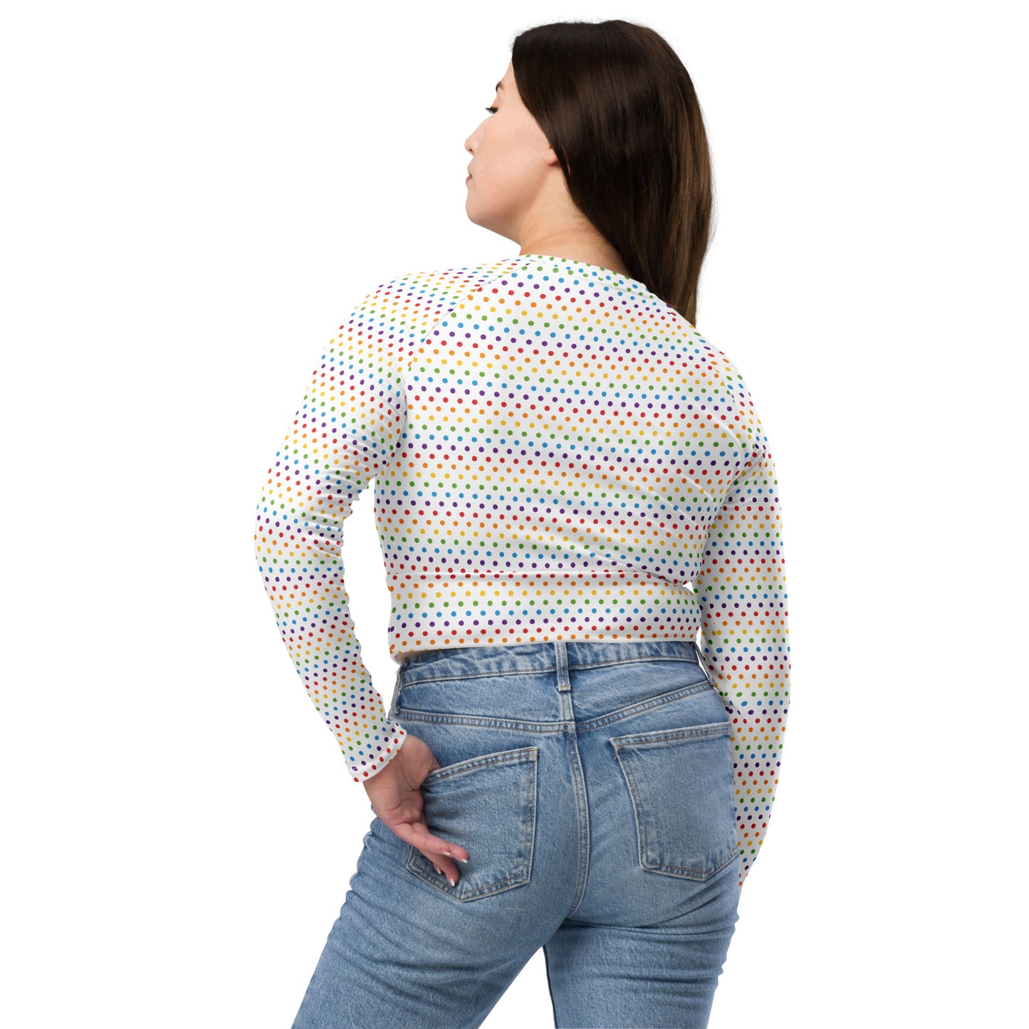 Rainbow Pride Recycled Long Sleeve Crop Top - LGBTQIA Red, Orange, Yellow, Green, Blue, Indigo, and Viole Flag Cropped Shirt - Parade Club Swimming