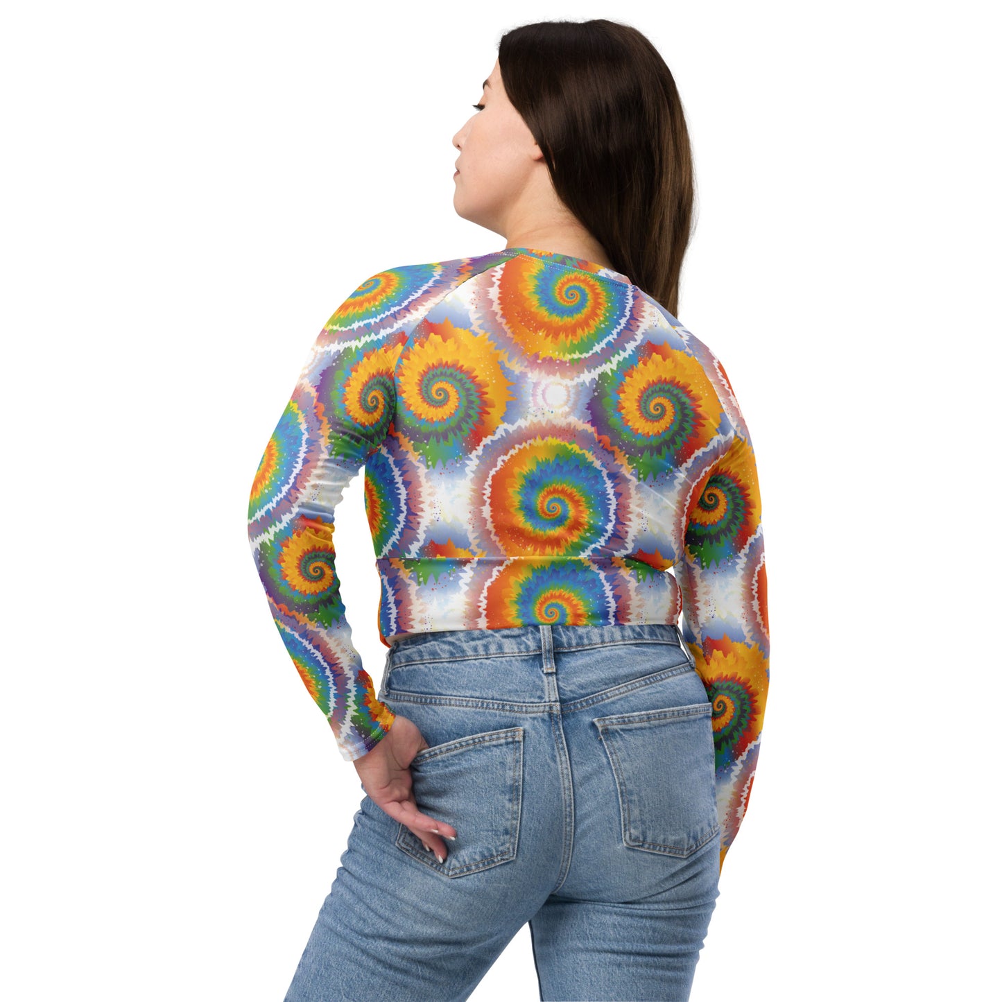 Rainbow Pride Recycled Long Sleeve Crop Top - LGBTQIA Red, Orange, Yellow, Green, Blue, Indigo, and Viole Flag Cropped Shirt - Parade Club Swimming