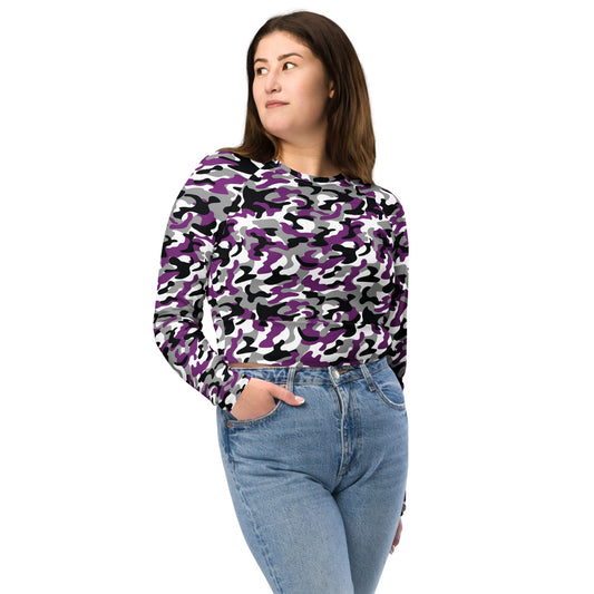 Asexual Pride Recycled Long Sleeve Crop Top - LGBTQIA Black, Gray, Purple, and White Flag Cropped Shirt - Parade Club Swimming