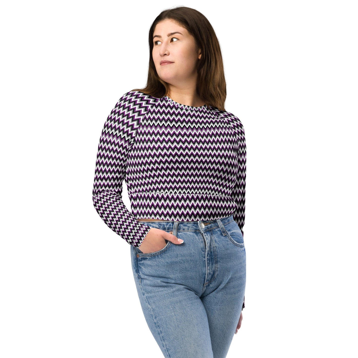 Asexual Pride Recycled Long Sleeve Crop Top - LGBTQIA Black, Gray, Purple, and White Flag Cropped Shirt - Parade Club Swimming