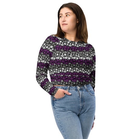 Asexual Pride Recycled Long Sleeve Crop Top - LGBTQIA Black, Gray, Purple, and White Flag Cropped Shirt - Parade Club Swimming