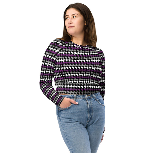 Asexual Pride Recycled Long Sleeve Crop Top - LGBTQIA Black, Gray, Purple, and White Flag Cropped Shirt - Parade Club Swimming