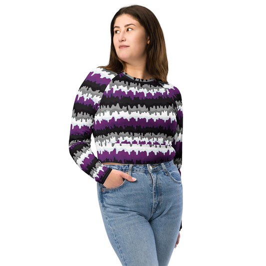 Asexual Pride Recycled Long Sleeve Crop Top - LGBTQIA Black, Gray, Purple, and White Flag Cropped Shirt - Parade Club Swimming