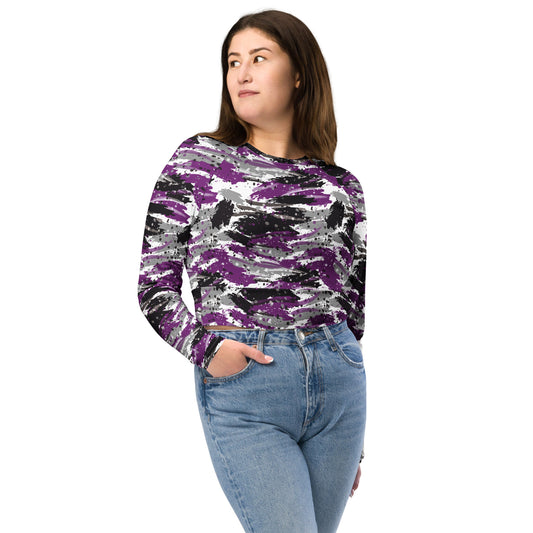 Asexual Pride Recycled Long Sleeve Crop Top - LGBTQIA Black, Gray, Purple, and White Flag Cropped Shirt - Parade Club Swimming