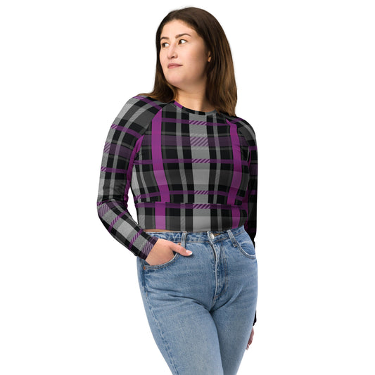 Asexual Pride Recycled Long Sleeve Crop Top - LGBTQIA Black, Gray, Purple, and White Flag Cropped Shirt - Parade Club Swimming