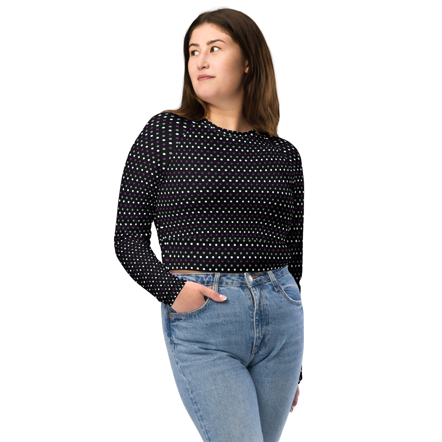 Asexual Pride Recycled Long Sleeve Crop Top - LGBTQIA Black, Gray, Purple, and White Flag Cropped Shirt - Parade Club Swimming