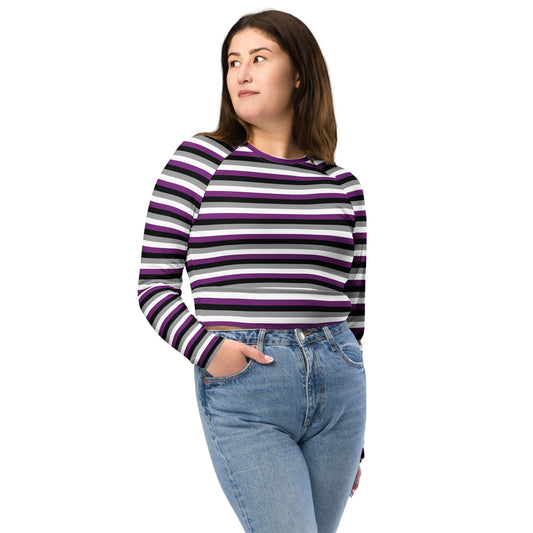 Asexual Pride Recycled Long Sleeve Crop Top - LGBTQIA Black, Gray, Purple, and White Flag Cropped Shirt - Parade Club Swimming